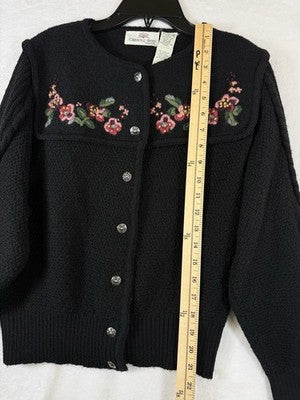 Carroll Reed Wool Cardigan Medium Black Embroidered Flowers Vintage