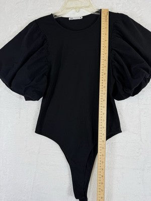 Zara Bodysuit Medium Black Puff Sleeve Top Womens