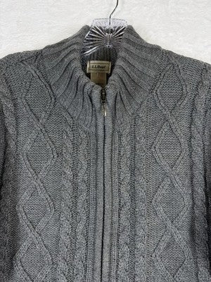 LL Bean Womens Large Cardigan Sweater Full Zip Gray Cable Knit