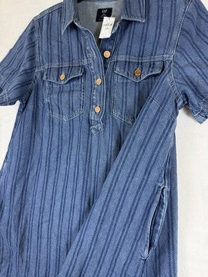 Gap Denim Mini Dress Medium Petite MP Blue Short Sleeve Boho Striped New NWT