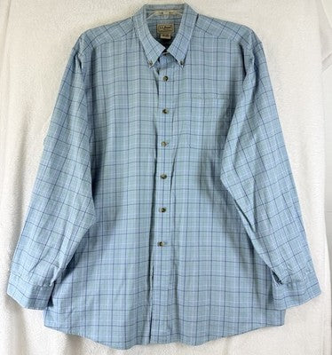 LL Bean Shirt XXL Mens Button Down Blue Plaid Wrinkle Resistant Traditional Fit