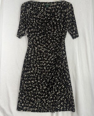 Lauren Ralph Lauren Faux Wrap Dress 6 Womens Black Tan Abstract Print Stretch