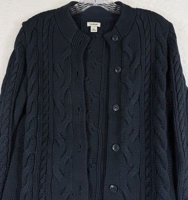 LL Bean Cardigan Sweater Womens Small Navy Blue Cable Knit Buttons 100% Cotton