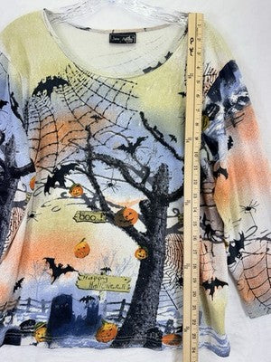 Jane Ashley Halloween Top Large Womens Beaded Bats Pumpkin Teacher Shirt Vintage