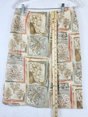 Vintage Womens Skirt 10 Leaf Print Green Tan Pencil 80s 90s Made In USA