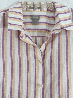 Chicos Size 1 Medium Linen Button Up Pink Striped Metallic Roll Tab Sleeve Women