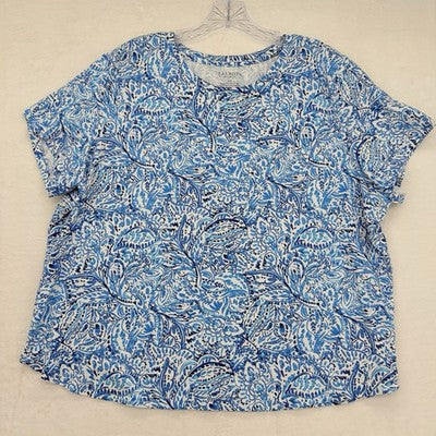 Talbots Tee 2X Petite Short Sleeve Pocket Top Blue Print Womens Plus Size 2XP