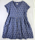 Peyton Parker Blue Ikat Linen Button Shift Dress Pockets Medium Boho Lagenlook