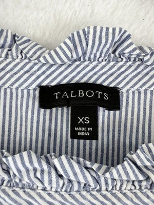 Talbots Top XS Blouse Blue White Striped Puff 3/4 Sleeve 100% Cotton Womens