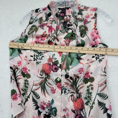 Banana Republic Top XS Sleeveless Pink Bird Floral Print Ruffle Neck New NWT