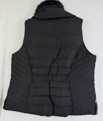 Talbots Down Puffer Vest Womens Large Black Faux Fur Collar Full Zip Quilted