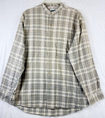 Natural Elements Top Large Womens Linen Cotton Band Collar Green Plaid Vintage