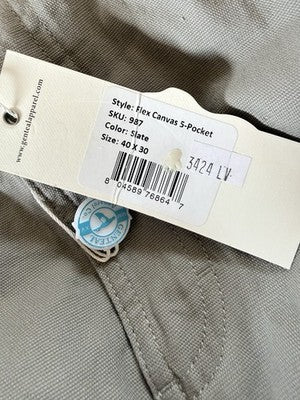 Genteal Pants 40x30 Field Canvas 5 Pocket Slate Gray Mens *FlawRead* New NWT