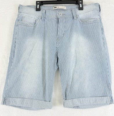 Levis Jean Shorts Women 12 Denim Light Blue White Striped 11” Bermuda Roll Hem