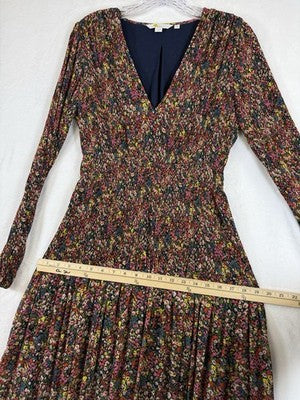 Boden Dress 4 Fit Flare Midi Navy Blue Floral Long Sleeve V Neck Boho Womens