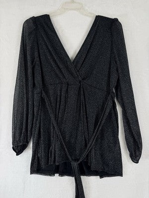 Torrid 3 Top Faux Wrap Black Metallic Tie Waist 3X Plus Size Long Sleeve V Neck