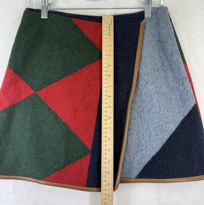 Tory Burch Cheval Wool Blend Plaid Wrap Mini Skirt 4 Geometric Leather Trim