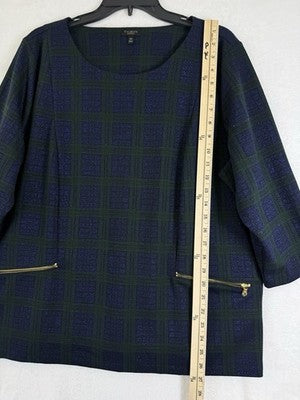 Talbots Top 2XP 3/4 Sleeve Blue Green Plaid 2X Petite Womens Plus Size Metallic