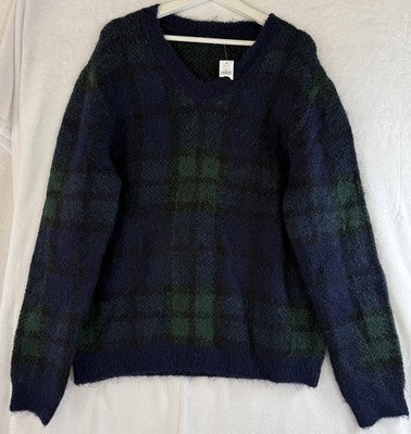 Gap Sweater Mens Medium Alpaca Wool Tartan Plaid Green Blue V Neck New
