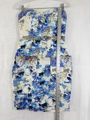 Tracy Reese Dress 4 Anthropologie Strapless Short Pockets Blue Print Womens