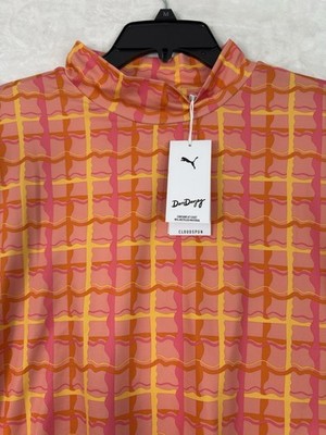 Puma Dani Dazey Top Medium Cloudspun Mock Neck Pink Plaid Womens NWT
