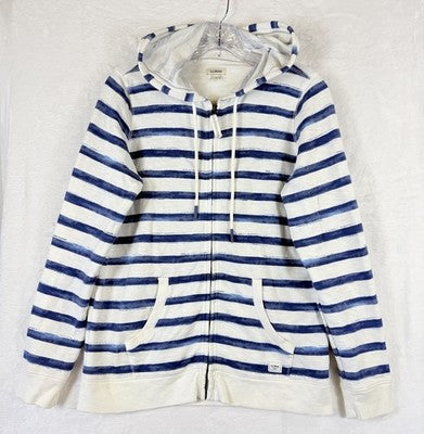 LL Bean Hoodie Women Small Nautical Blue Striped 100% Cotton Sweatshirt Full Zip