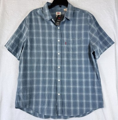 Levis Shirt Large Mens The One Pocket Blue Plaid Linen Blend Short Sleeve New
