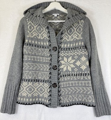 J Jill XS Hooded Cardigan Sweater Gray Fair Isle Womens Tops Long Sleeve