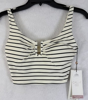 Calia Swim Top XS Longline Bikini Black Ivory Striped U Bar Womens