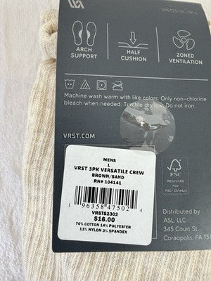 VRST Crew Socks Brown Sand Beige Mens 8-13 Large Cushioned Lot 6 Pairs DSG New