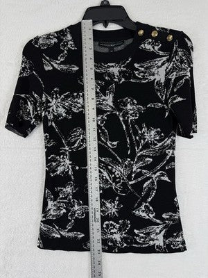 White House Black Market Sweater XS Short Sleeve Floral Gold Buttons Womens