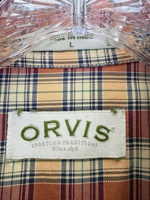 Orvis Mens Large Plaid Button Down Shirt Long Sleeve Orange Red Tan 100% Cotton