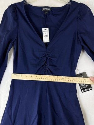 Express Dress XS Fit Flare Short Blue Long Sleeve Womens New NWT