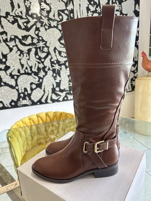 St Johns Bay Roslyn Tall Riding Boot Womens 9 Brown Gold Buckle NEW