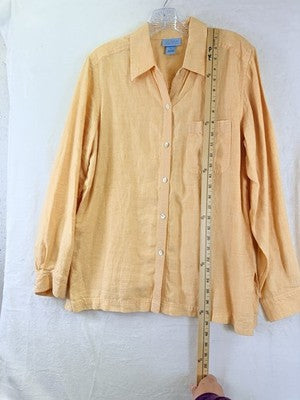 Sigrid Olsen Linen Top Medium Long Sleeve Blouse Button Up Orange Shirt So Blue