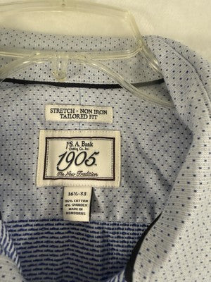 Jos A Bank 1905 Shirt 16.5 33 Blue Long Sleeve Non Iron Stretch Button Down
