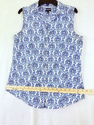 Talbots Non Iron Shirt 6 Womens Sleeveless Blue Print Button Down Cotton Womens