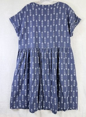 Peyton Parker Blue Ikat Linen Button Shift Dress Pockets Medium Boho Lagenlook