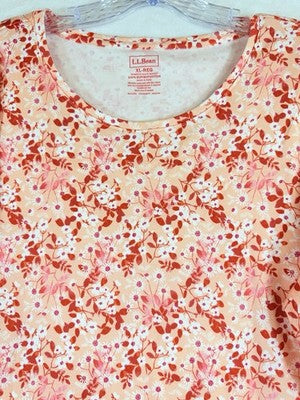 LL Bean Womens XL Pima Cotton Top Shaped 3/4 Sleeve Floral Print Jewel Neck