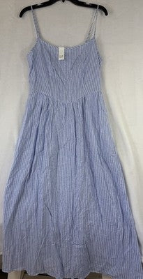Gap Maxi Dress Medium Womens Sleeveless Linen Blend Blue Striped Drop Waist New