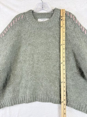 Primark Sweater Large Green Crew Neck Pink Whipstitch Wool Blend