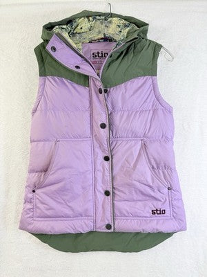 Stio Women Small Woodson Down Vest Puffer Hooded Purple Green Full Zip