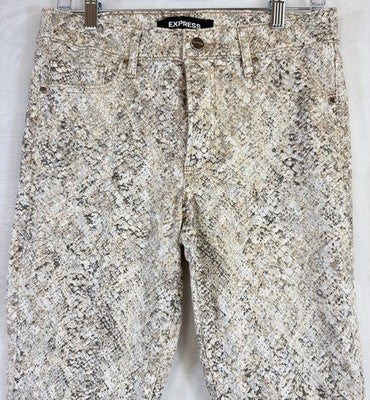 Express Jeans Women 8 Regular Skinny Mid Rise Animal Print Metallic Womens Beige