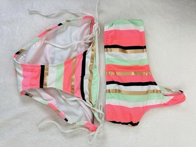 Venus Bikini Set Top Bottom One Shoulder Pink Striped Womens 6 Top 10 Bottoms