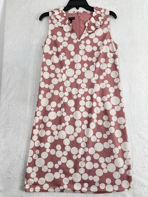 Talbots Dress 2 Ruffle Neck Poplin Sleeveless Shift Dress Pink White Dots Womens