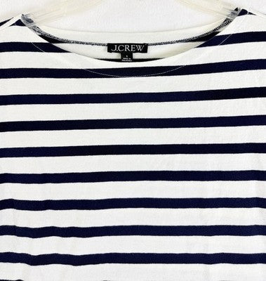 J Crew Top Women Small Boatneck White Navy Blue Striped 3/4 Sleeve 100% Cotton