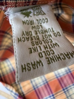 Orvis Mens Large Plaid Button Down Shirt Long Sleeve Orange Red Tan 100% Cotton