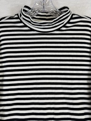 Lands End Turtleneck Large Womens Black White Striped Relaxed Cotton Top Knit