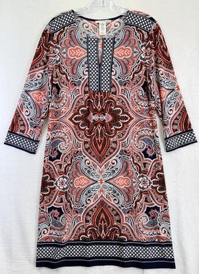 Studio One New York Dress Large Shift Blue Paisley 3/4 Sleeve Womens