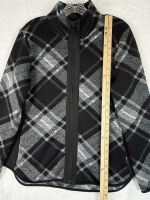 T By Talbots Jacket Medium Petite Fleeceback Black Plaid Full Zip Womens